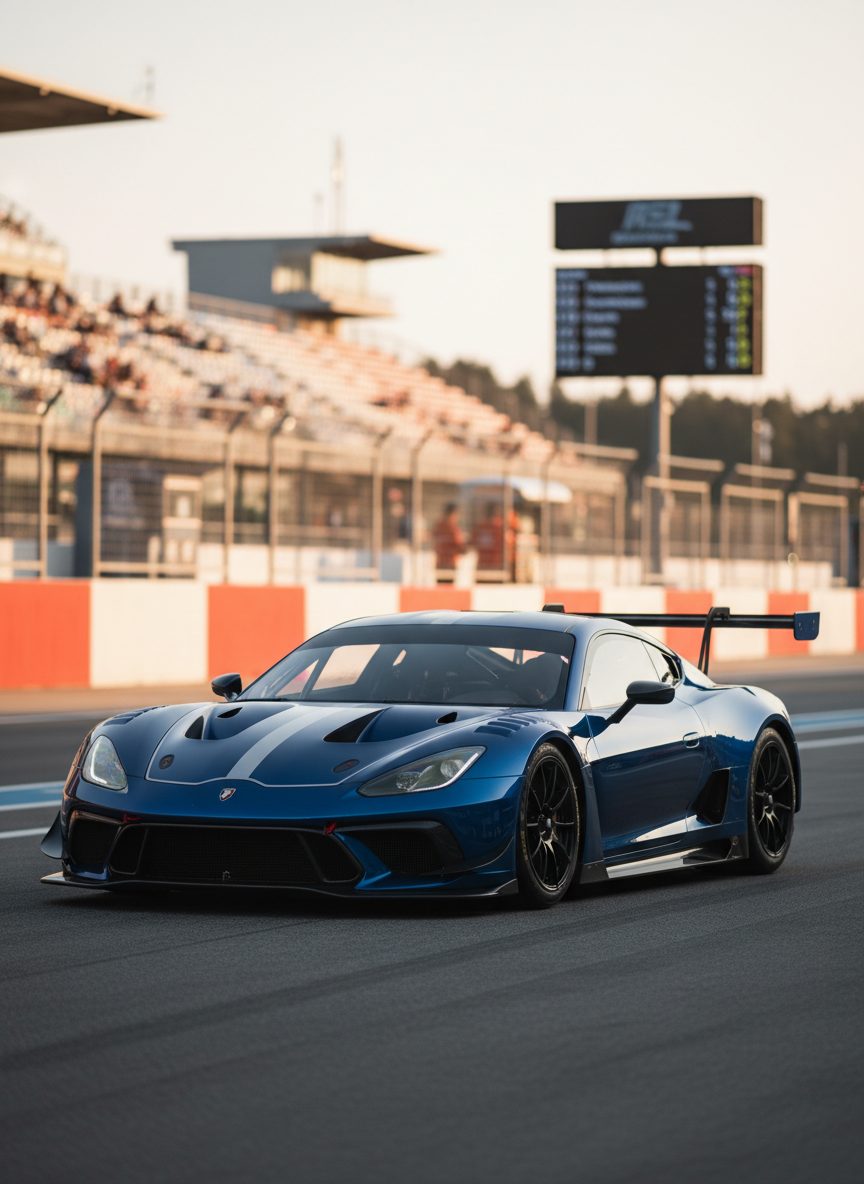 A sleek, high-performance GT race car painted in deep metallic blue with subtle silver accents, parked in the pit lane of a modern circuit. The car’s carbon-fiber splitter, aggressive rear diffuser, and large rear wing catch the late afternoon golden-hour light, revealing fine textures and reflections on the flawless bodywork. In the background, blurred grandstands, pit wall barriers, and digital timing boards hint at a professional racing environment. Photographic realism with a low, three-quarter front angle emphasizes power and aerodynamics, while a shallow depth of field keeps the car in razor-sharp focus. The mood is professional, anticipatory, and intensely competitive, perfect for a serious motorsport brand hero image.