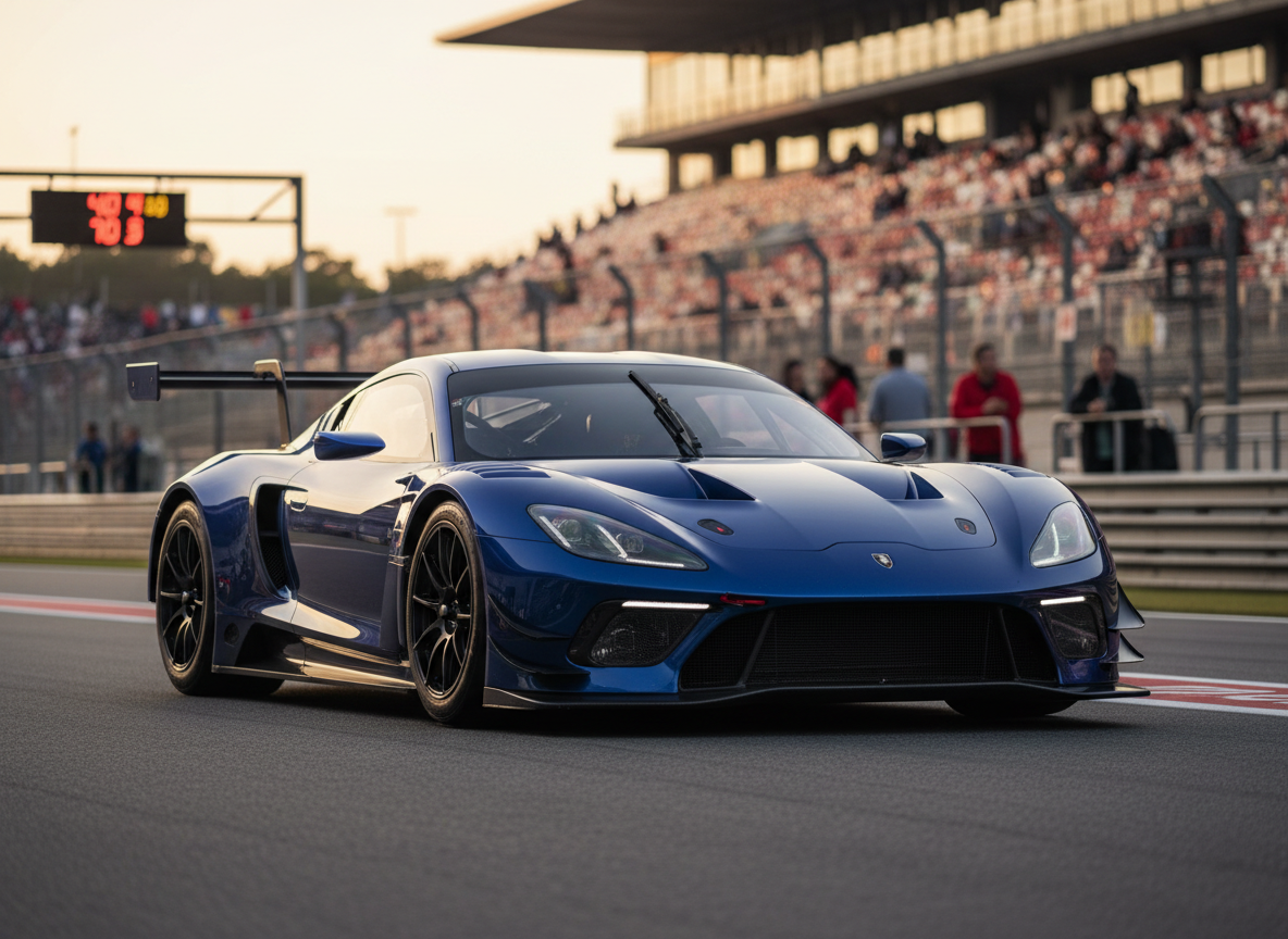 A sleek, high-performance GT race car painted in deep metallic blue with subtle silver accents, parked in the pit lane of a modern circuit. The car’s carbon-fiber splitter, aggressive rear diffuser, and large rear wing catch the late afternoon golden-hour light, revealing fine textures and reflections on the flawless bodywork. In the background, blurred grandstands, pit wall barriers, and digital timing boards hint at a professional racing environment. Photographic realism with a low, three-quarter front angle emphasizes power and aerodynamics, while a shallow depth of field keeps the car in razor-sharp focus. The mood is professional, anticipatory, and intensely competitive, perfect for a serious motorsport brand hero image.