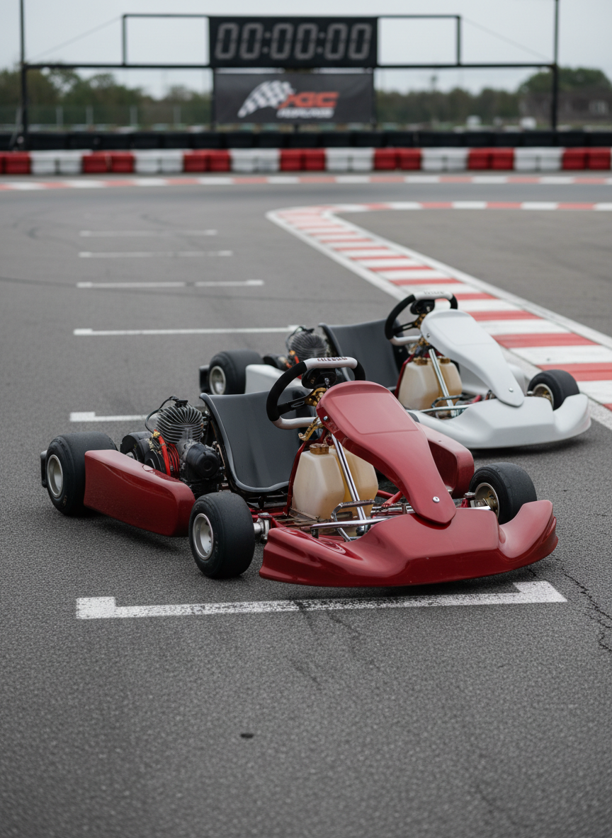 A pair of high-end racing karts, one in red and one in matte white, lined up nose-to-tail on a smooth asphalt karting circuit grid. Their exposed chassis, slick tires, and polished aluminum components are rendered in meticulous detail, with tire marbles and faint rubber streaks visible on the track surface. Overhead, soft overcast daylight provides even, diffused illumination, reducing harsh shadows and emphasizing pure form. In the blurred background, colored kerbs, tire barriers, and an overhead lap timer suggest a dedicated karting facility. Photographic realism from a slightly elevated front-quarter angle, with moderate depth of field, creates a focused yet dynamic atmosphere—evoking discipline, speed, and the grassroots spirit of kart competition.