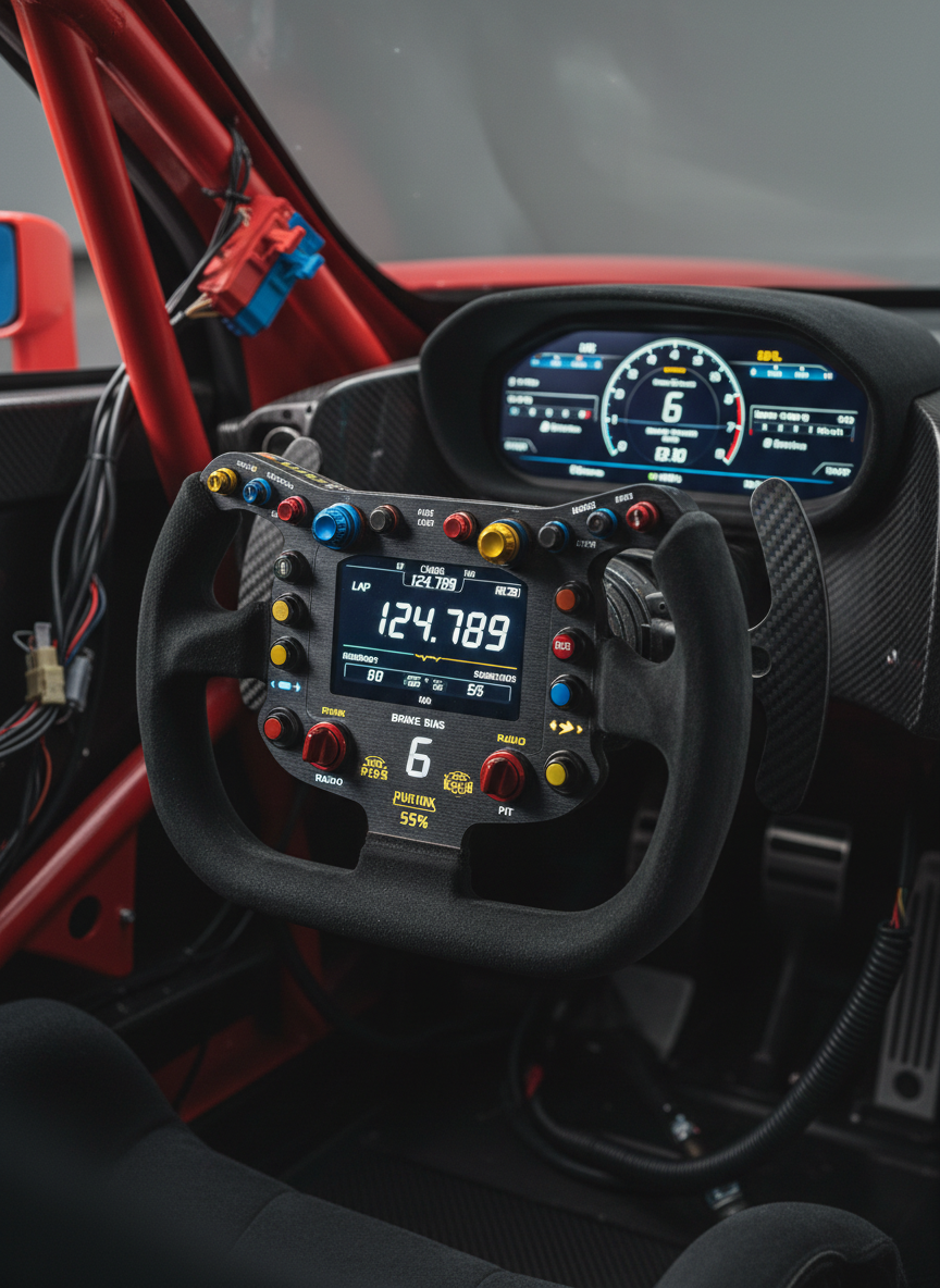 A detailed close-up of a performance steering wheel and digital dash cluster inside a modern endurance race car cockpit. The suede-wrapped wheel with colored rotary knobs, carbon-fiber paddle shifters, and backlit buttons fills the frame, while the bright, crisp display shows lap times, gear, and telemetry data. Soft, controlled studio-style lighting from the side creates subtle highlights on the carbon-fiber textures and casts delicate shadows across the buttons, enhancing depth. Background elements such as a roll cage, emergency switches, and wiring loom fade into a gentle bokeh. Shot at eye level with photographic realism, the composition feels technical, immersive, and analytical, capturing the precision and focus of professional competition.