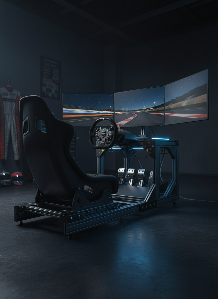 A professional sim racing cockpit setup in a dark, dedicated motorsport-themed room. A sturdy aluminum profile rig supports a deep bucket racing seat, direct-drive wheelbase with a modern GT-style wheel, load-cell pedals, and a triple-monitor wraparound display showing a realistic night race circuit. Cool, blue-tinted LED accent lighting traces the rig’s frame and subtly illuminates the floor, while the monitors cast a soft, cinematic glow on the equipment, highlighting textures of metal, Alcantara, and carbon fiber. Photographic realism from a low, three-quarter angle, with the background intentionally dim and slightly out of focus. The mood is immersive, high-tech, and intensely focused, perfect for showcasing sim racing as a serious extension of real-world motorsport.