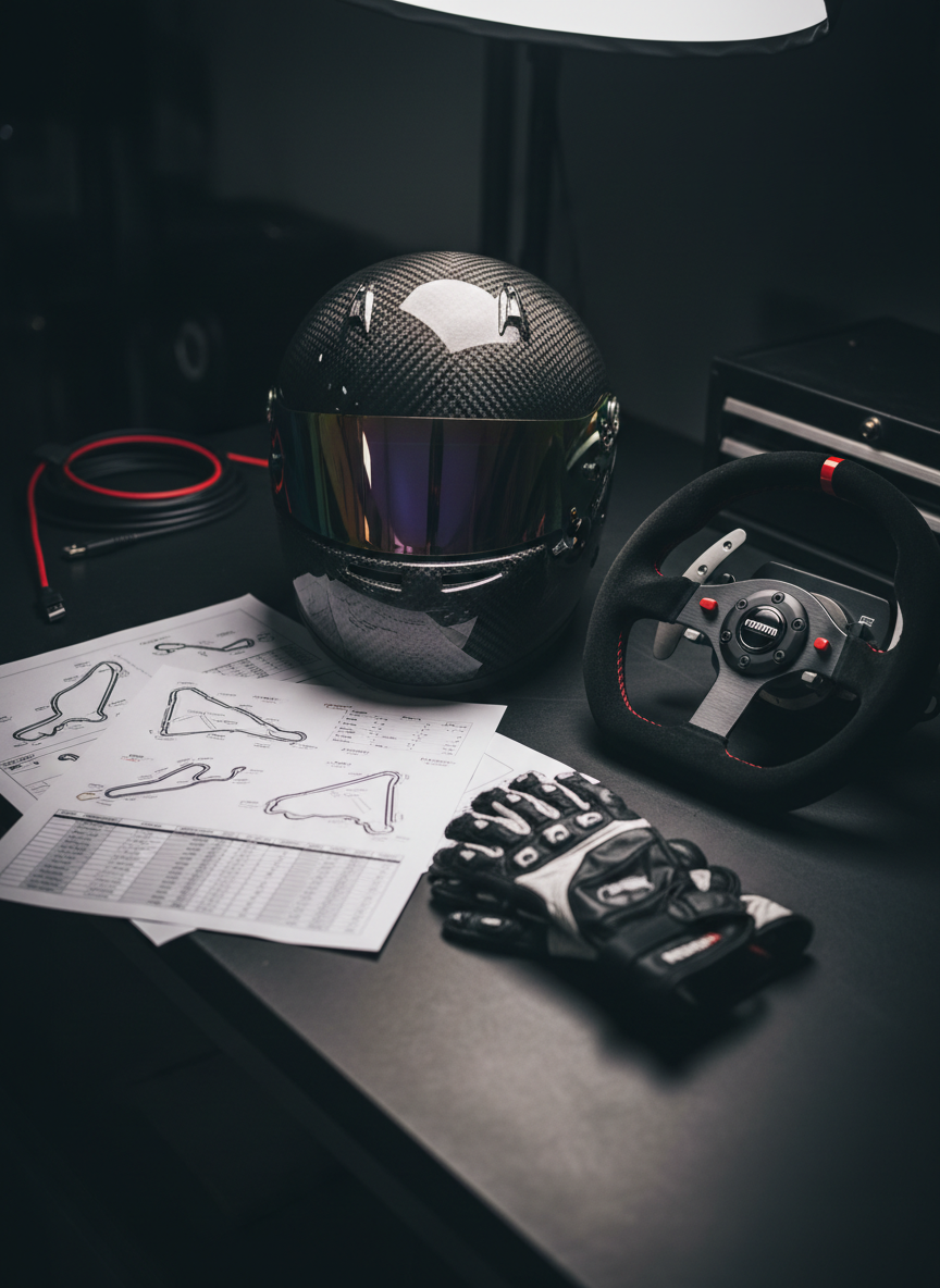 A meticulously lit still-life of motorsport and sim racing accessories arranged on a clean, dark matte workbench. A full-face carbon-fiber racing helmet with a mirrored visor rests beside a pair of pristine racing gloves, a suede-surfaced wheel rim detached from a sim rig, and a stack of data printouts with track maps and lap charts. A subtle overhead softbox creates smooth, controlled highlights on the helmet and wheel, with gentle shadows adding depth. The background fades into soft darkness, with only hints of coiled cables and a toolbox. Photographic realism with a centered, slightly elevated angle and shallow depth of field creates a refined, professional atmosphere, conveying preparation, analysis, and dedication to performance.