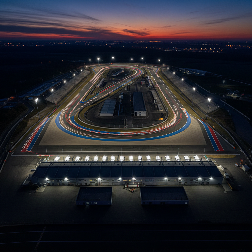 A dramatic aerial photographic view of a modern racing circuit at dusk, captured from high above the start-finish straight. The track’s flowing layout, colorful kerbs, and illuminated pit lane form a sweeping composition surrounded by darkened run-off areas and neatly organized paddock structures. Floodlights cast pools of bright white light on the asphalt, revealing subtle tire lines and rubber build-up, while the sky glows with deep blue and orange hues. Long-exposure streaks from passing race cars trace graceful lines of red and white along the circuit. Shot in photographic realism with sharp detail across the frame, the mood is grand, professional, and cinematic, emphasizing the scale and magic of endurance racing at night.
