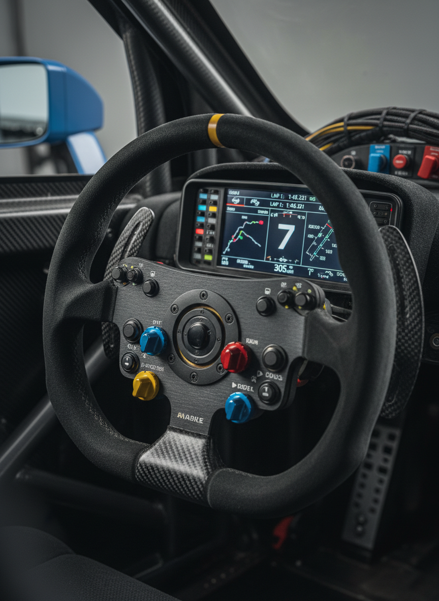 A detailed close-up of a performance steering wheel and digital dash cluster inside a modern endurance race car cockpit. The suede-wrapped wheel with colored rotary knobs, carbon-fiber paddle shifters, and backlit buttons fills the frame, while the bright, crisp display shows lap times, gear, and telemetry data. Soft, controlled studio-style lighting from the side creates subtle highlights on the carbon-fiber textures and casts delicate shadows across the buttons, enhancing depth. Background elements such as a roll cage, emergency switches, and wiring loom fade into a gentle bokeh. Shot at eye level with photographic realism, the composition feels technical, immersive, and analytical, capturing the precision and focus of professional competition.