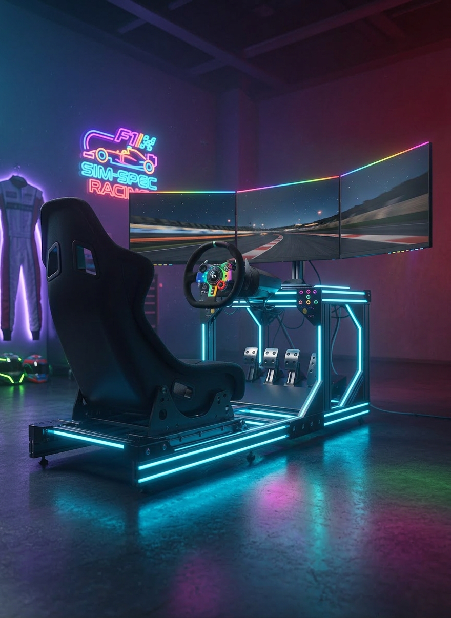 A professional sim racing cockpit setup in a dark, dedicated motorsport-themed room. A sturdy aluminum profile rig supports a deep bucket racing seat, direct-drive wheelbase with a modern GT-style wheel, load-cell pedals, and a triple-monitor wraparound display showing a realistic night race circuit. Cool, blue-tinted LED accent lighting traces the rig’s frame and subtly illuminates the floor, while the monitors cast a soft, cinematic glow on the equipment, highlighting textures of metal, Alcantara, and carbon fiber. Photographic realism from a low, three-quarter angle, with the background intentionally dim and slightly out of focus. The mood is immersive, high-tech, and intensely focused, perfect for showcasing sim racing as a serious extension of real-world motorsport.