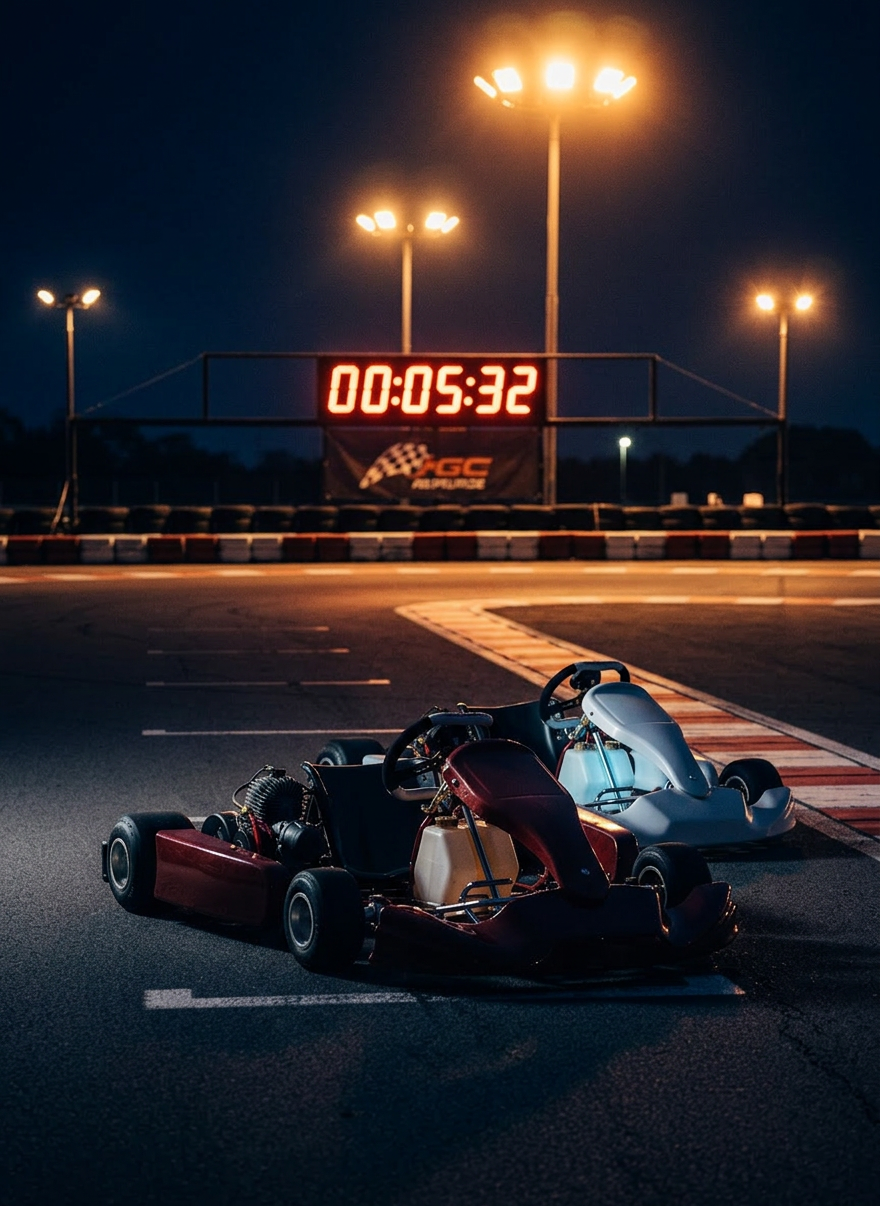 A pair of high-end racing karts, one in red and one in matte white, lined up nose-to-tail on a smooth asphalt karting circuit grid. Their exposed chassis, slick tires, and polished aluminum components are rendered in meticulous detail, with tire marbles and faint rubber streaks visible on the track surface. Overhead, soft overcast daylight provides even, diffused illumination, reducing harsh shadows and emphasizing pure form. In the blurred background, colored kerbs, tire barriers, and an overhead lap timer suggest a dedicated karting facility. Photographic realism from a slightly elevated front-quarter angle, with moderate depth of field, creates a focused yet dynamic atmosphere—evoking discipline, speed, and the grassroots spirit of kart competition.